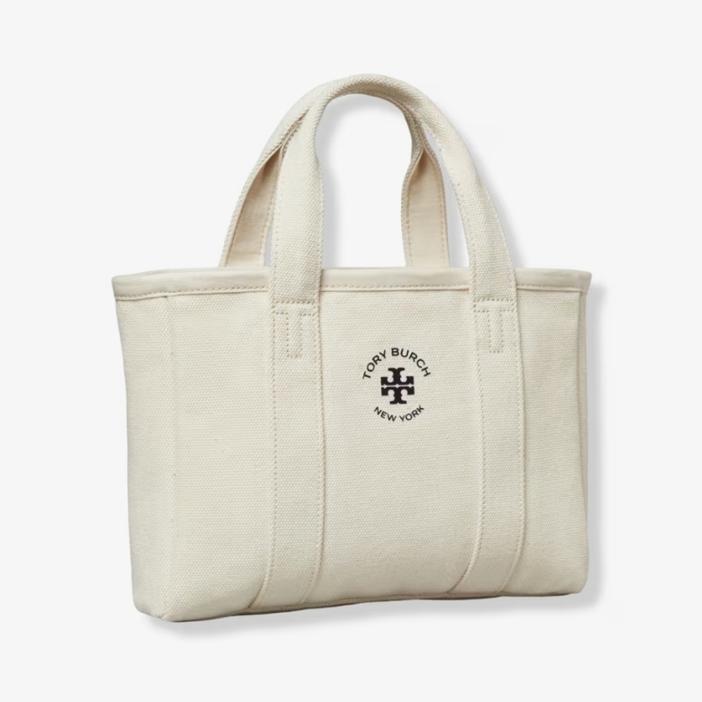 NWT TORY BURCH Mini Mercer Tote Hand Bag Purse Ivory Canvas Black Logo SEALED